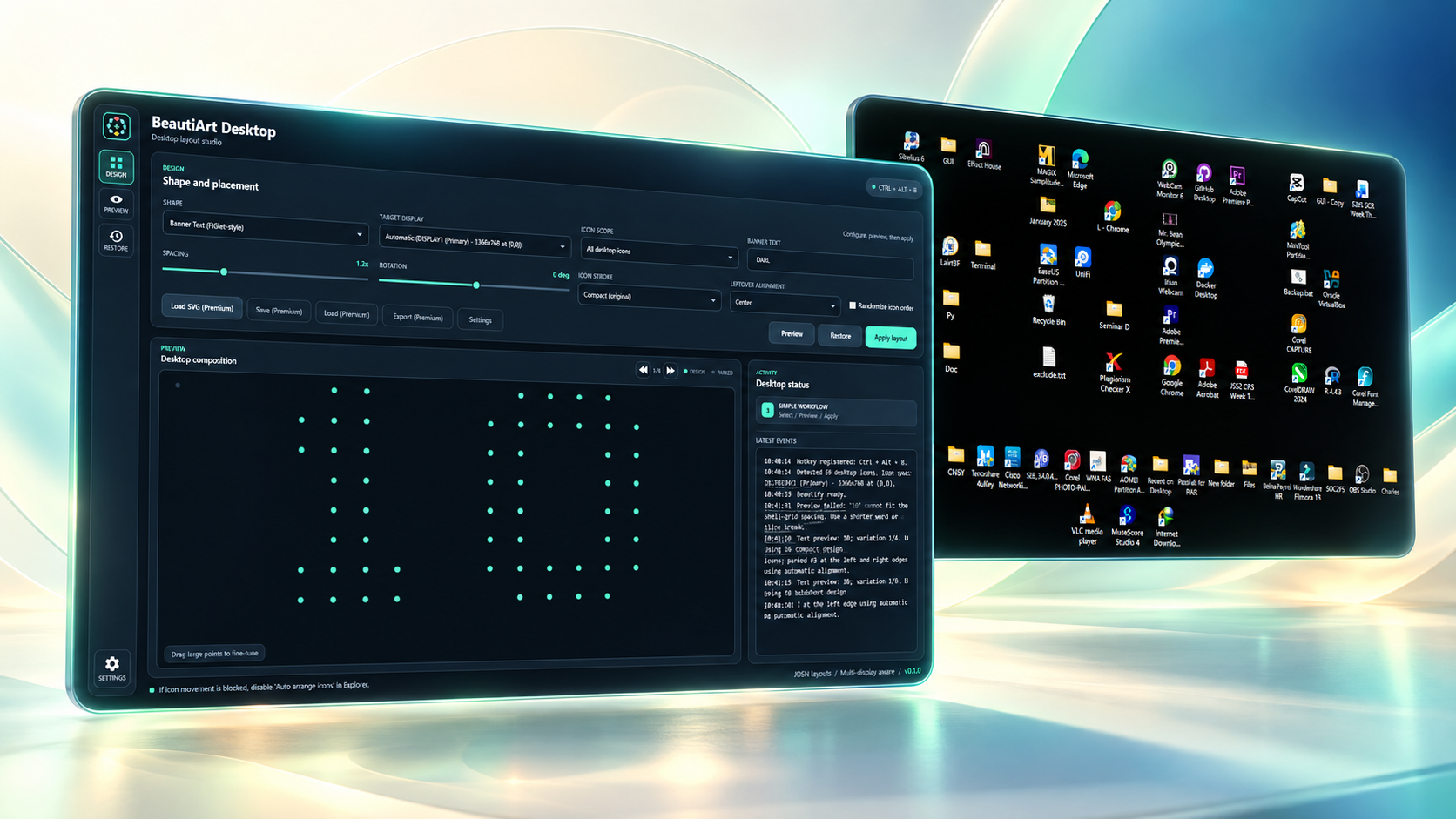Preview panel and Desktop icons arranged into letters